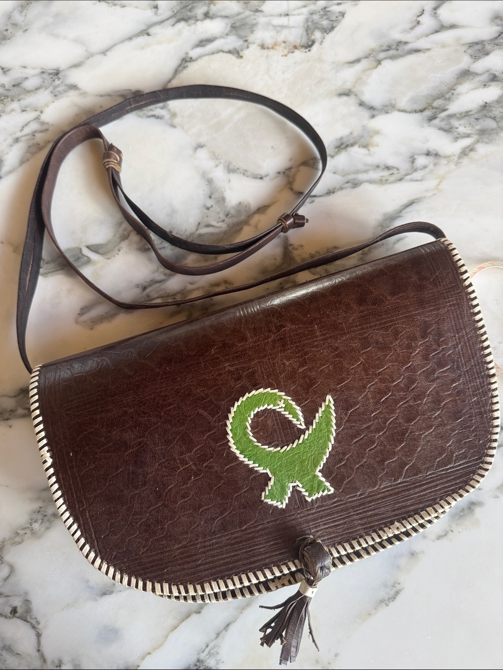 VTG Tribal Leather Serpent Handmade Embroidered Crossbody Purse Bag Boho
